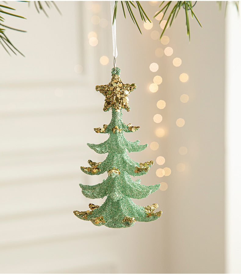 Green glitter Christmas tree ornament with gold star top, hanging loop