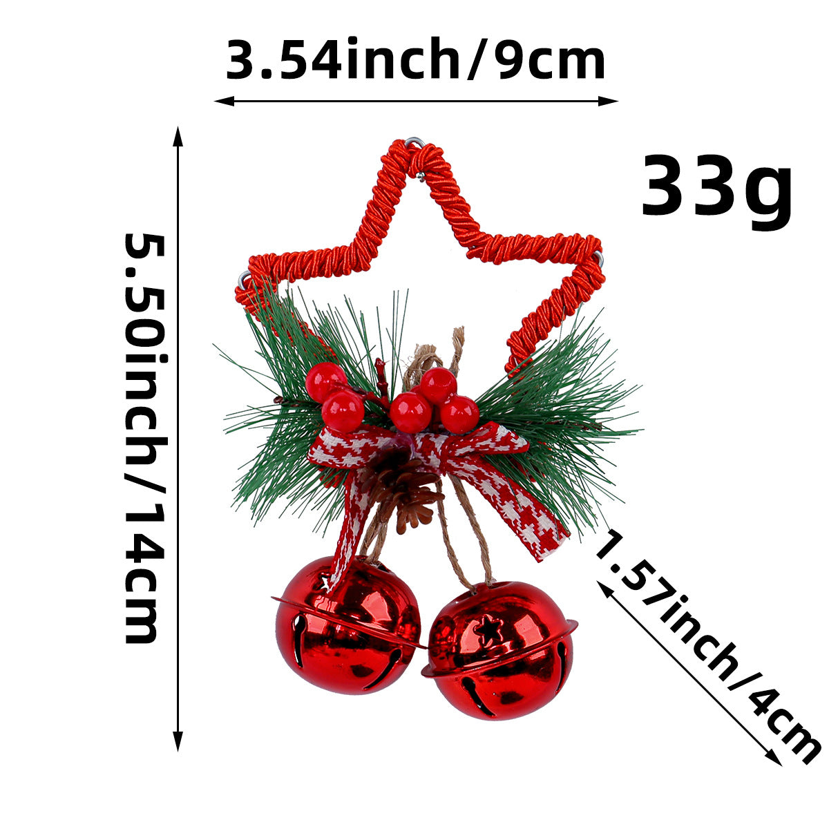Red star Christmas ornament with pine needles, pinecone, red bells and berries