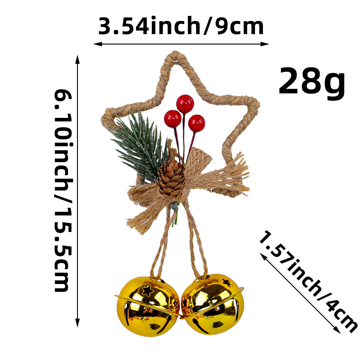 Christmas star ornament with pine sprig, pinecone center, red berries, and gold bells