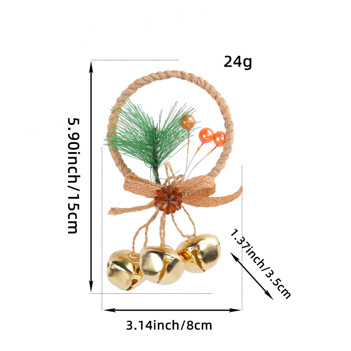 Rustic Christmas ring ornament, jute loop with pine needles, pinecones and gold bells