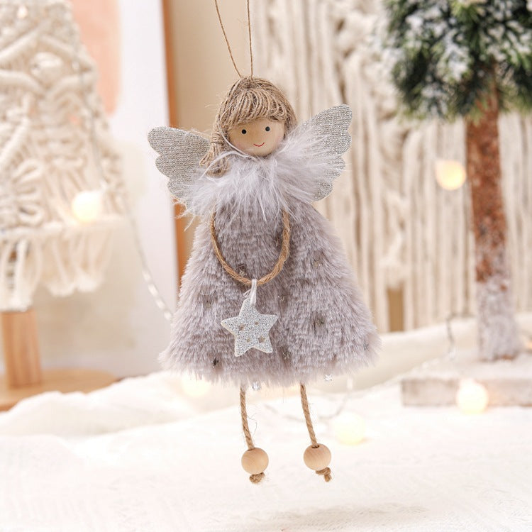 Fluffy grey angel hanging ornament with glitter star charm and fabric wings