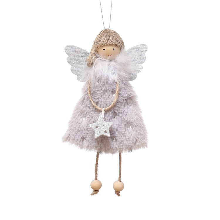 Fluffy grey angel ornament with hanging loop, felt wings, and star pendant