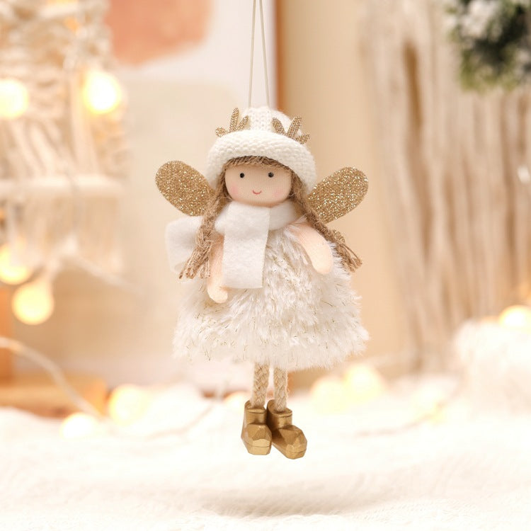 Hanging angel ornament with gold glitter wings, white scarf, and long white fuzzy skirt