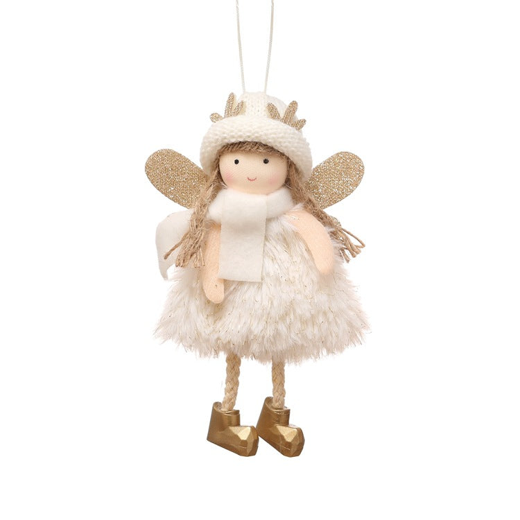 Hanging angel ornament with knit white hat, white scarf, and fuzzy white dress
