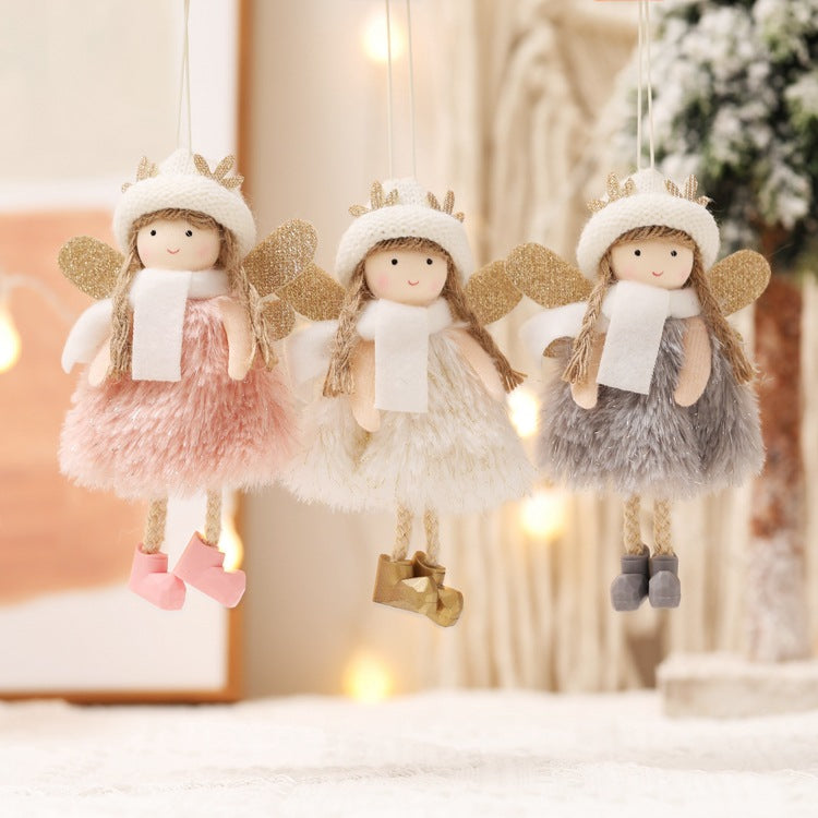 Set of three hanging angel ornaments with white scarves and gold glitter wings, fuzzy skirts