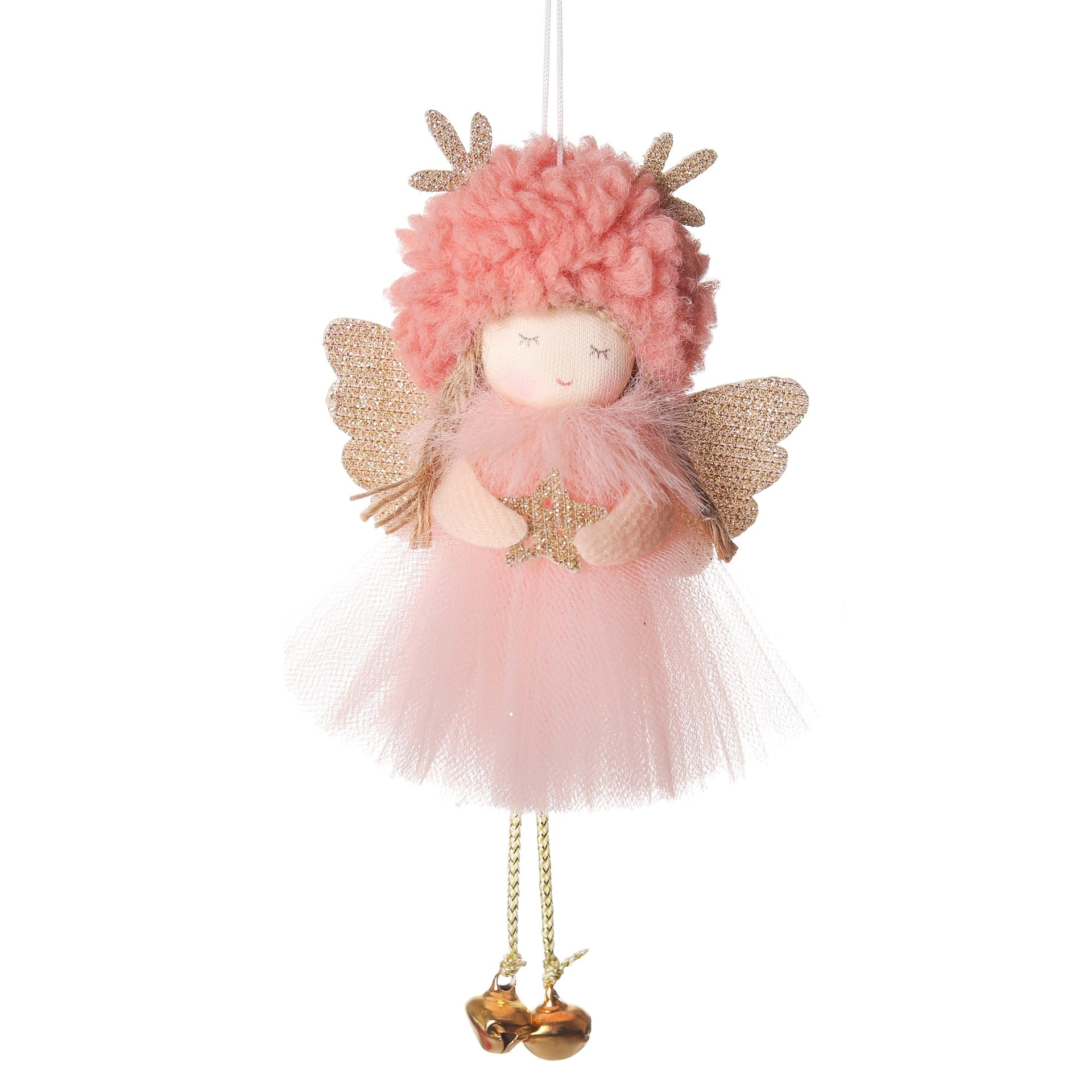 Pink angel ornament hanging with gold wings, tulle skirt, and two bell charms