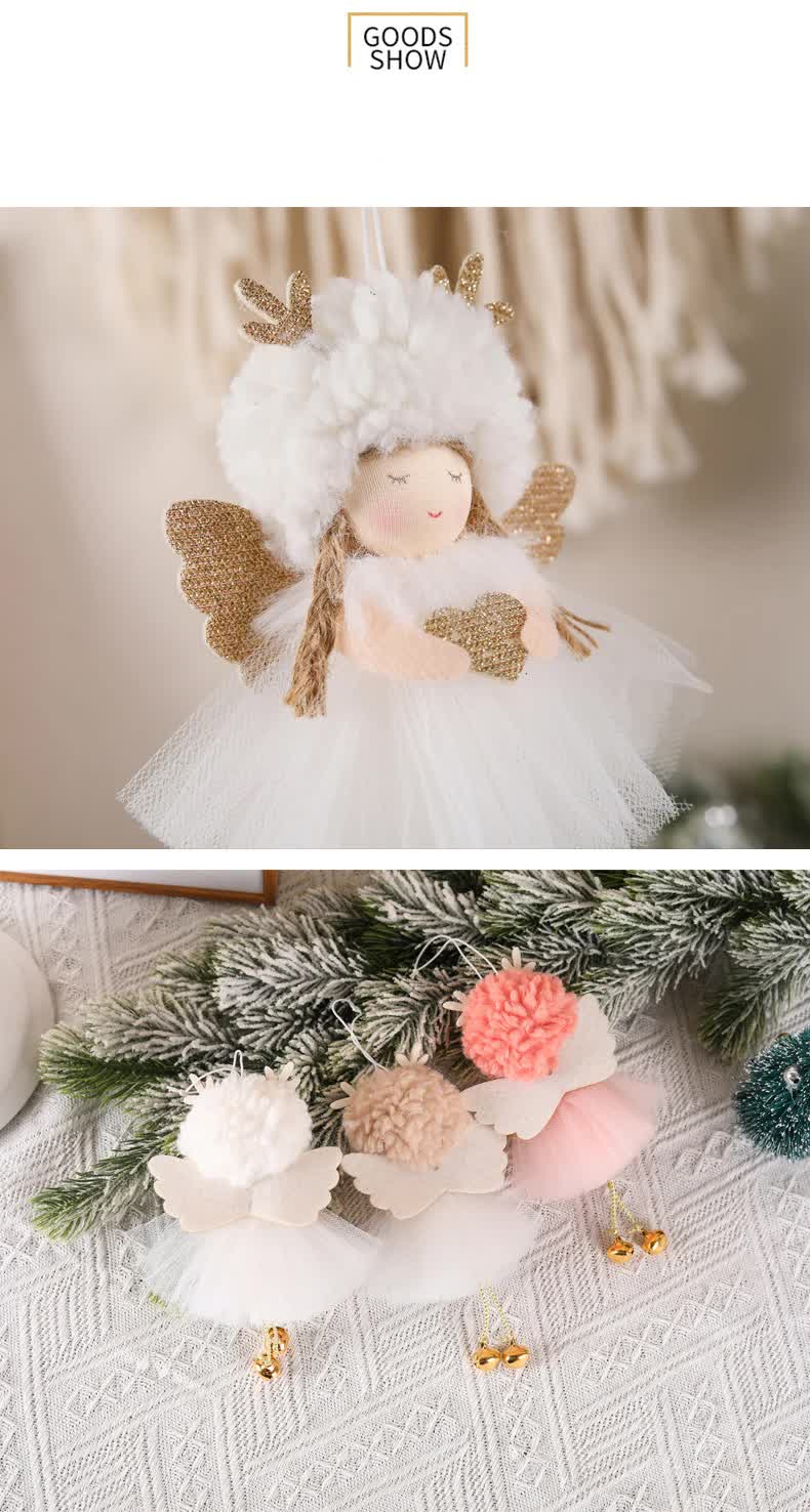 Angel ornaments set with white and pink fluffy hats, gold wings, and bell dangles