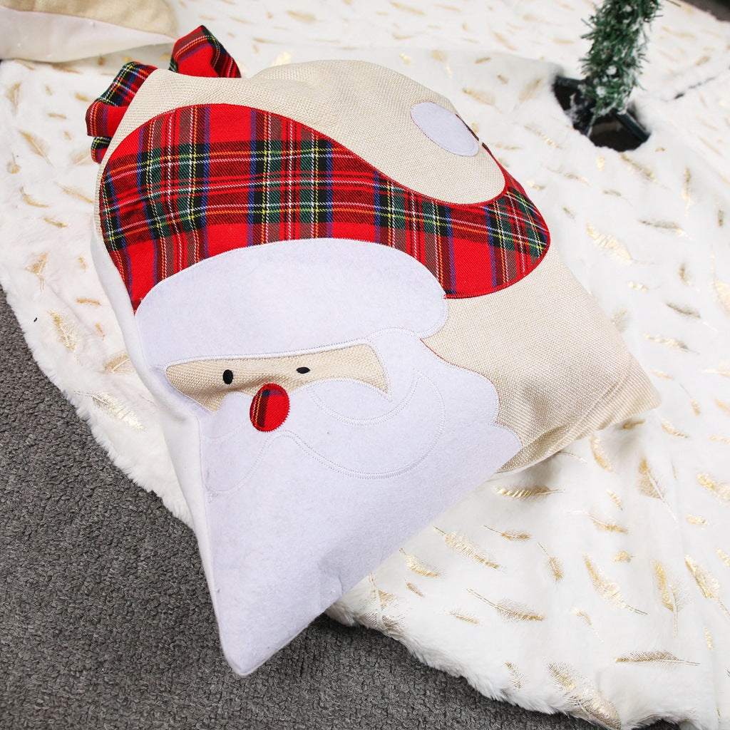 Santa Claus gift bag corner, cream fabric with white Santa applique and red plaid patch