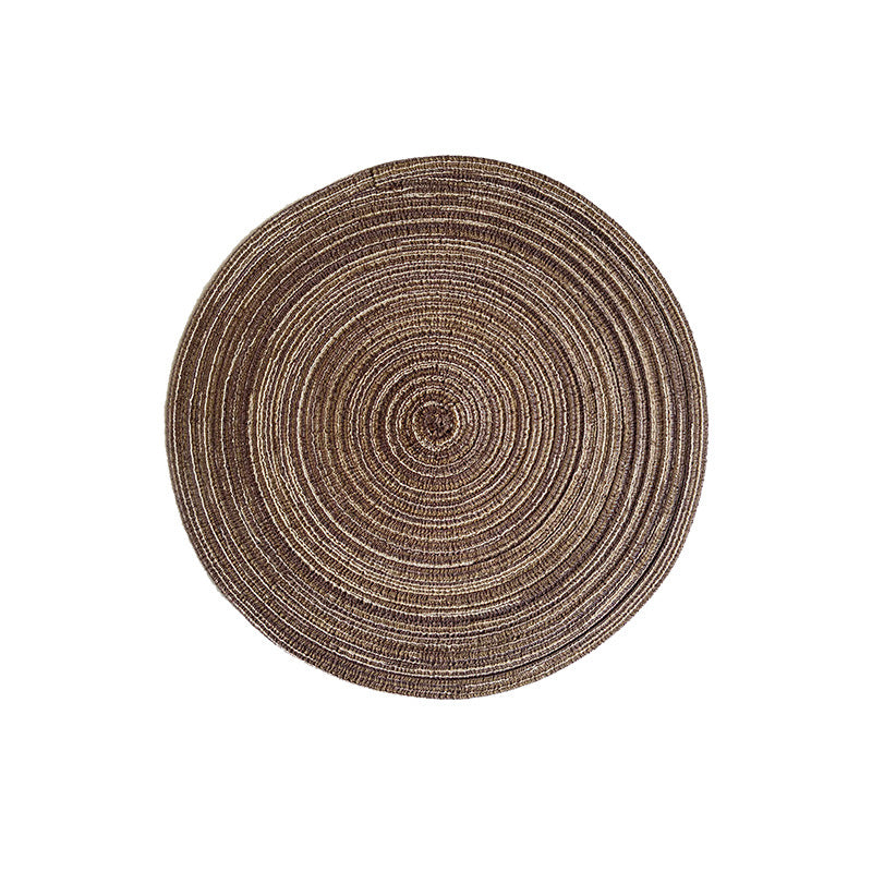 Round woven placemat, dark brown braided circle with concentric rope weave