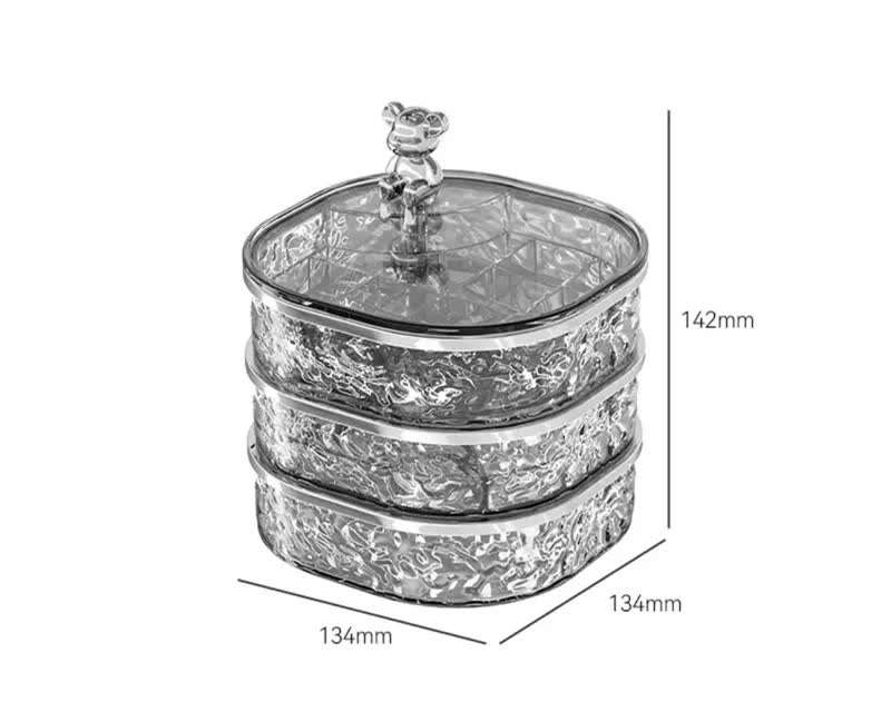 Elegant Crystal Stackable Jewelry Organizer with Bear Handle - 3-Tier Display Box for Accessories 13.4*13.4*14.2cm (grey)