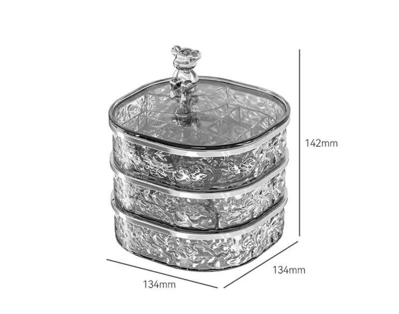 3-tier crystal jewelry organizer with bear handle, round display tray, grey tone