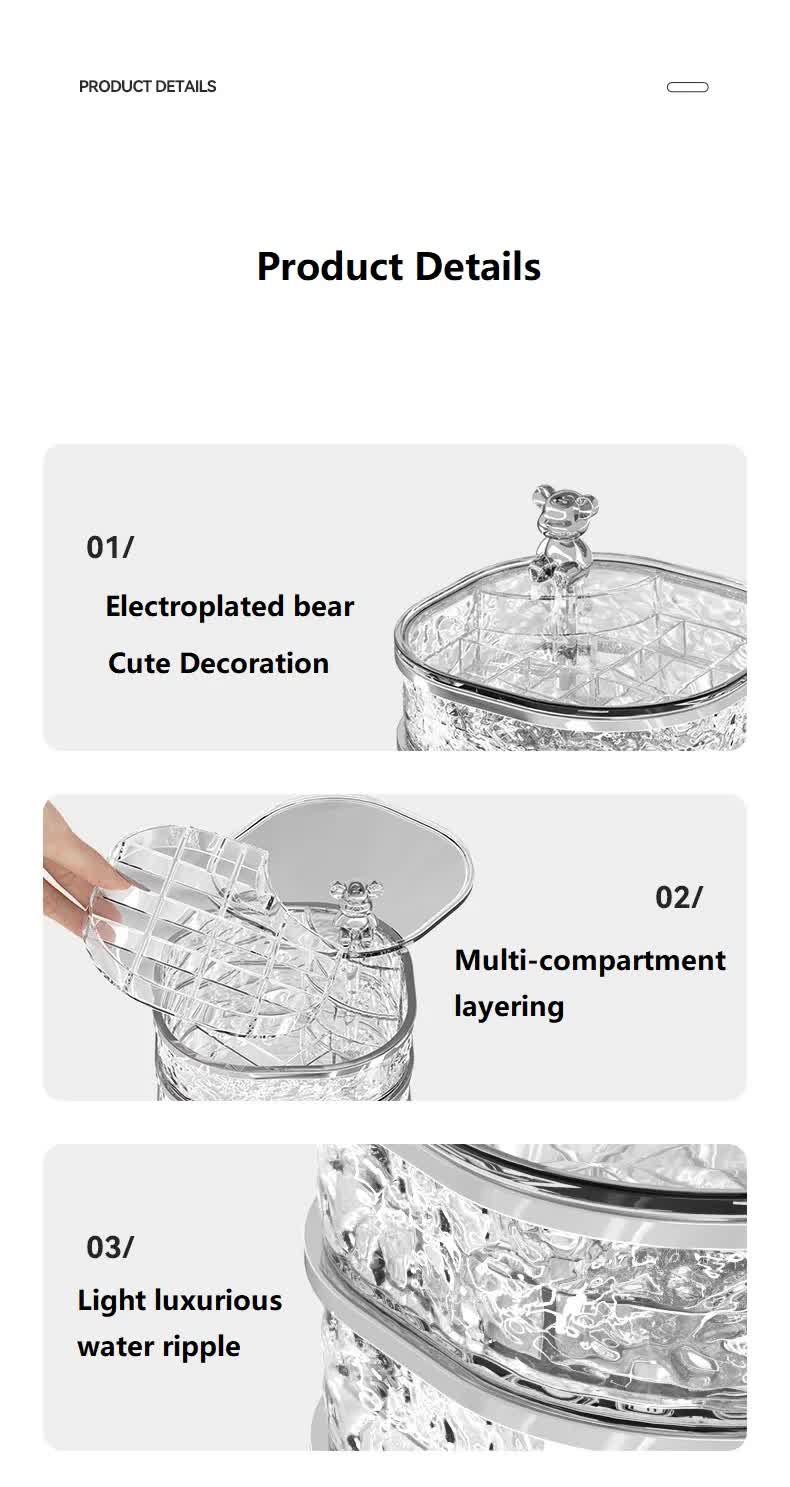 Crystal jewelry organizer with bear handle and multi-compartment round tiers, grey