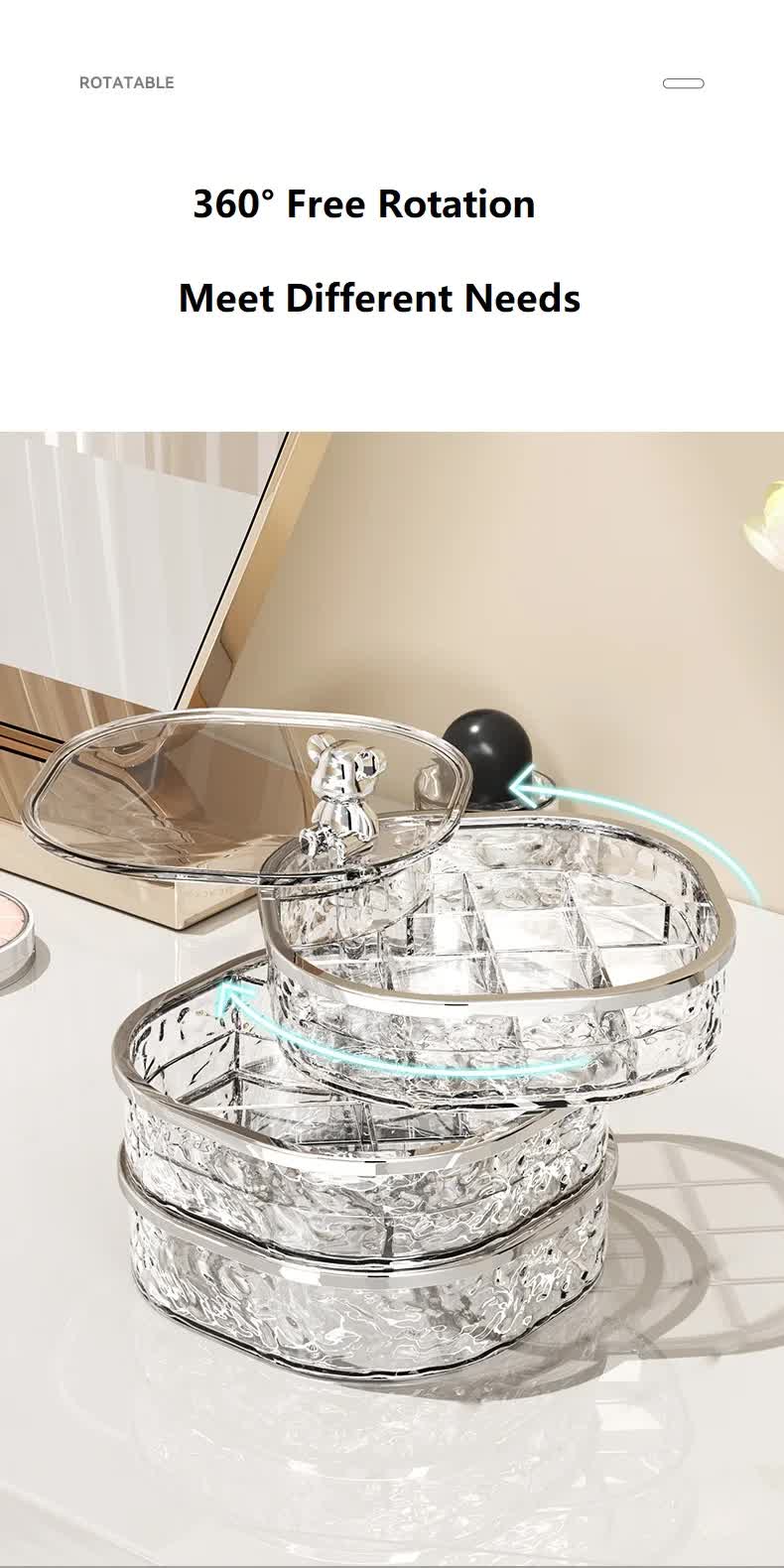 Rotating 3-tier crystal jewelry organizer with bear handle and clear round lid, grey