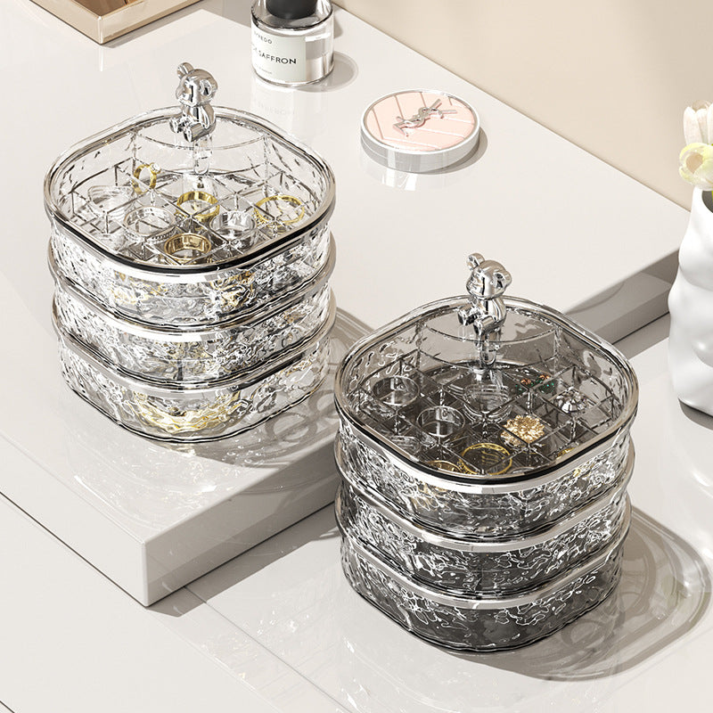 Two-tier crystal jewelry organizer with bear handle, round compartments, grey sparkle