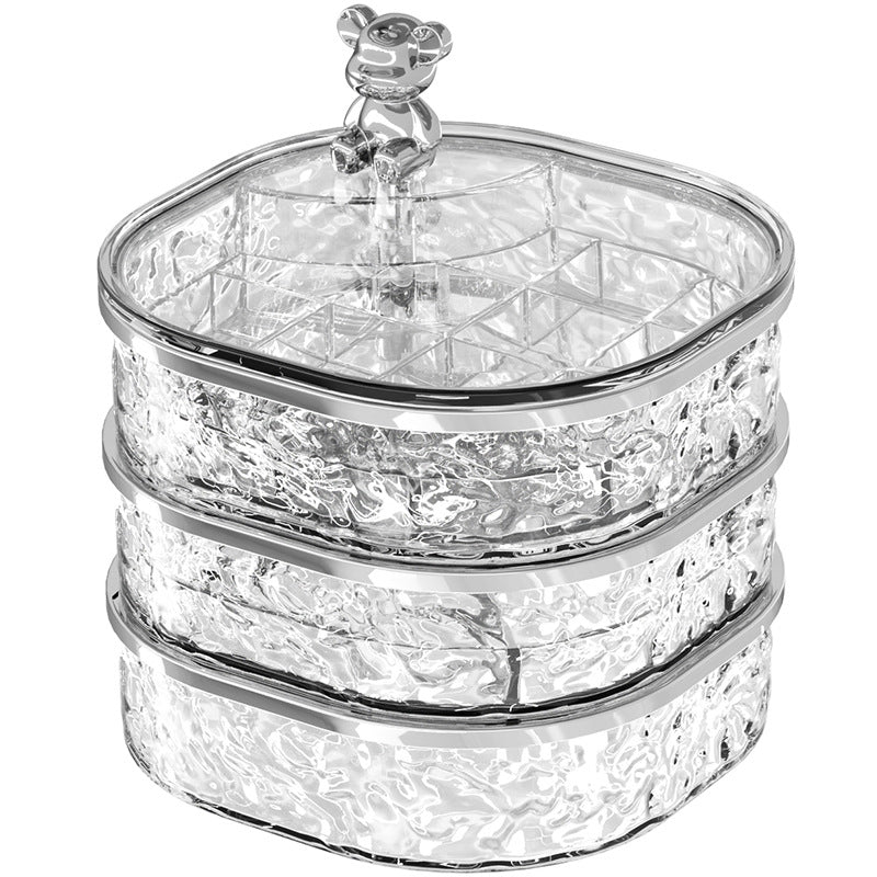 Three-tier crystal jewelry organizer with bear-handle lid, clear faceted silver finish