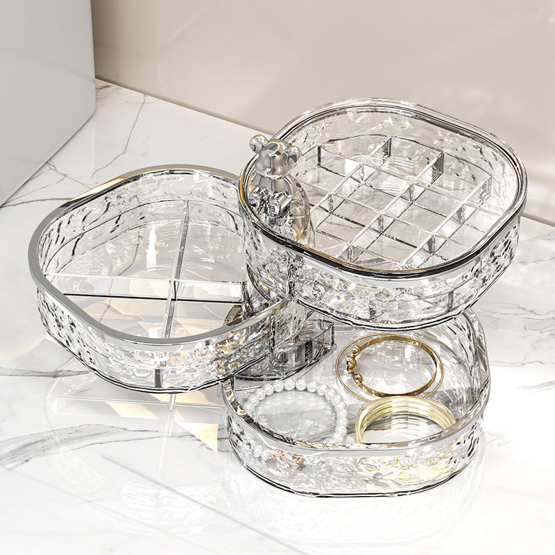 Three-tier crystal jewelry organizer with bear-handle lid, two compartments holding rings