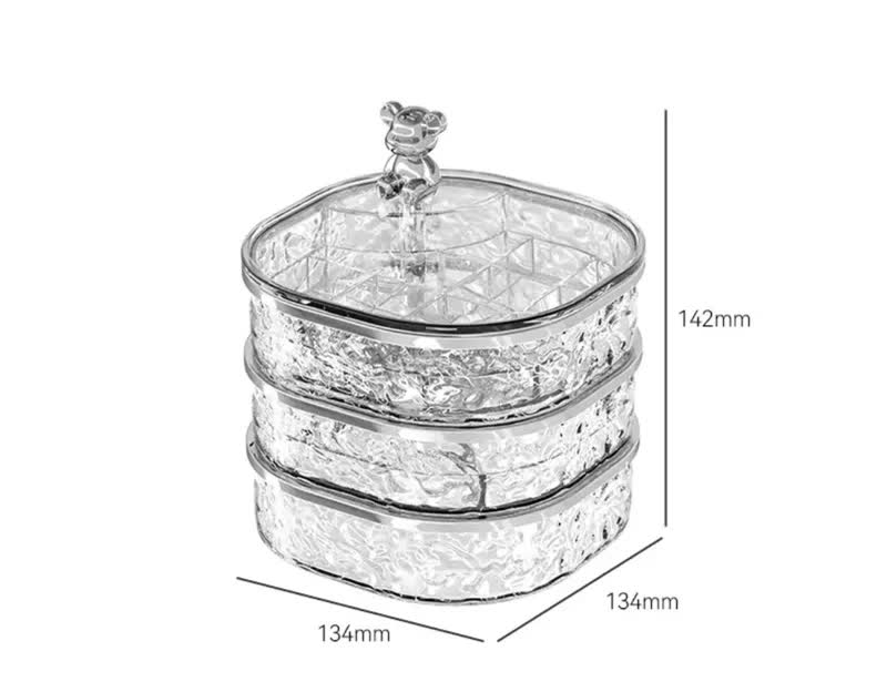 Three-tier crystal jewelry organizer with bear-handle lid, 142 mm height and 134 mm width