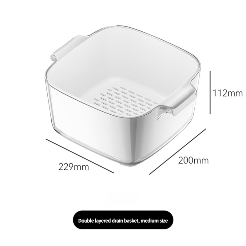 Two-layer drain basket colander, medium size, white plastic with perforated insert