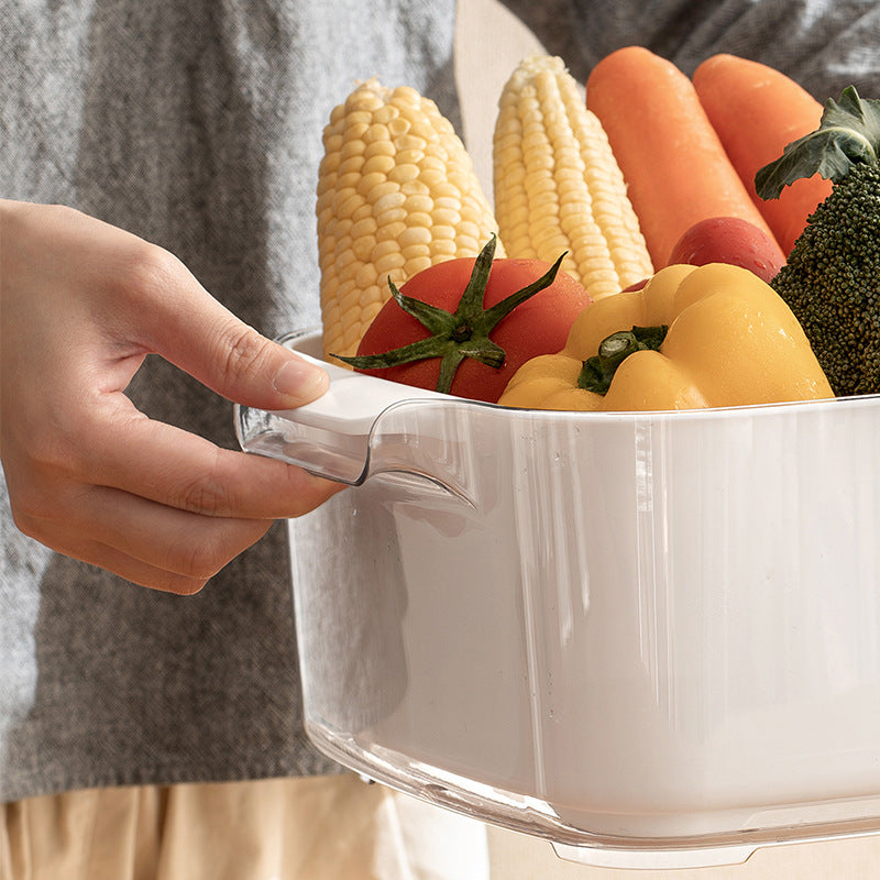 Two-layer drain basket colander, medium size, white plastic with clear base and handle