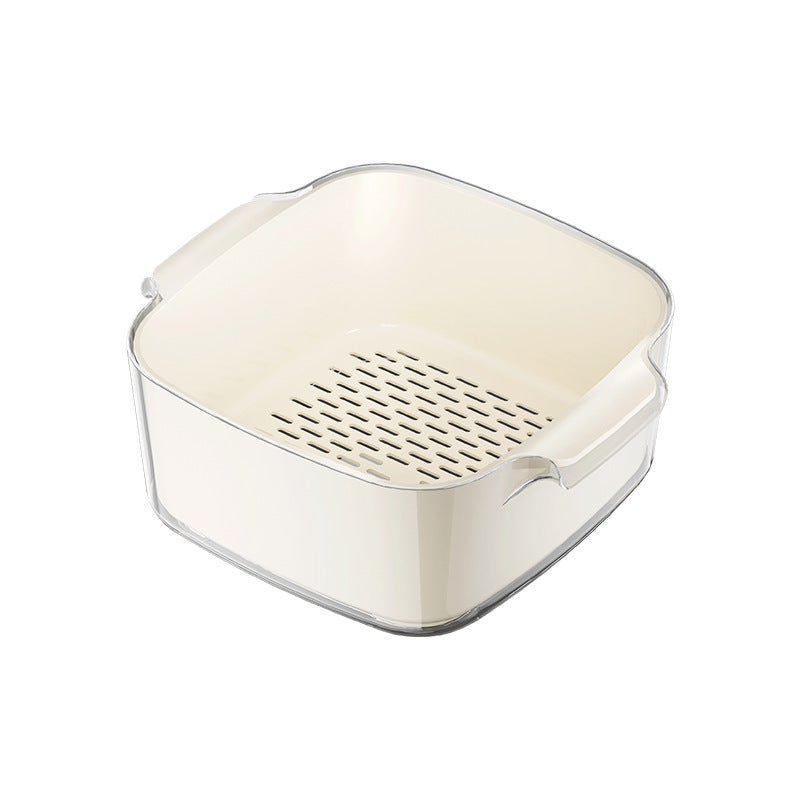 Two-layer drain basket colander, medium size, white plastic with perforated bottom basket