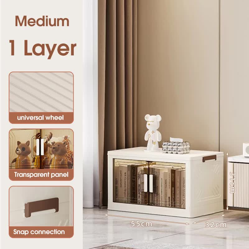 White storage box with clear front door, open interior shelf, and side handle details.