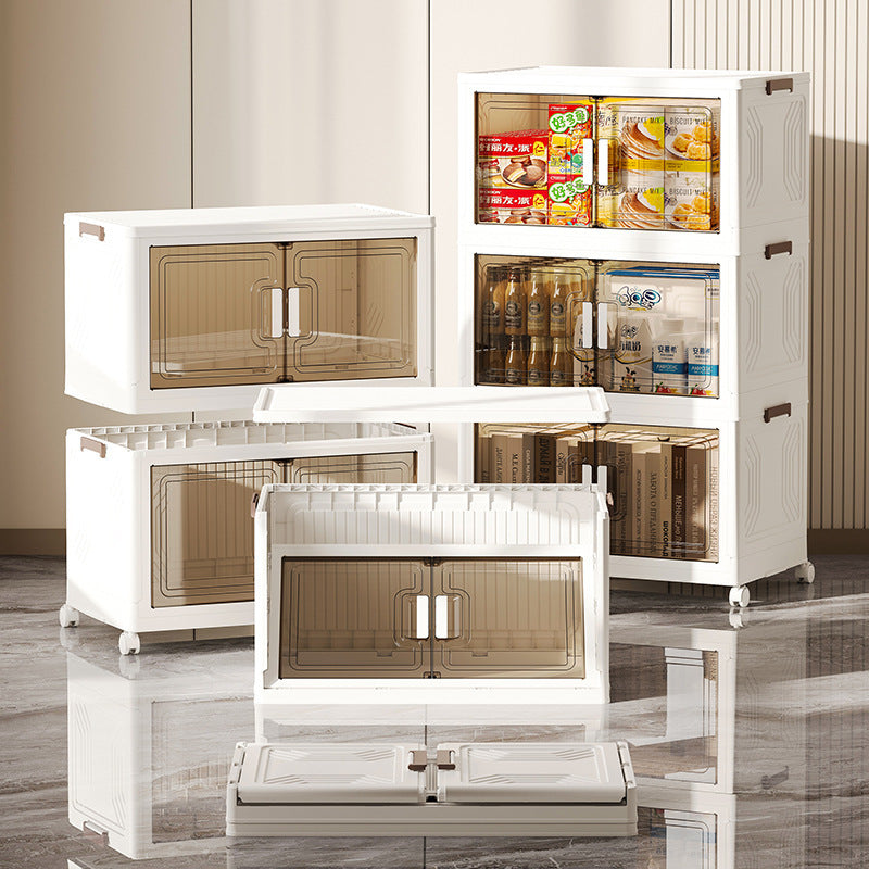 Stackable white storage box set with transparent doors, open front compartments, and shelves.