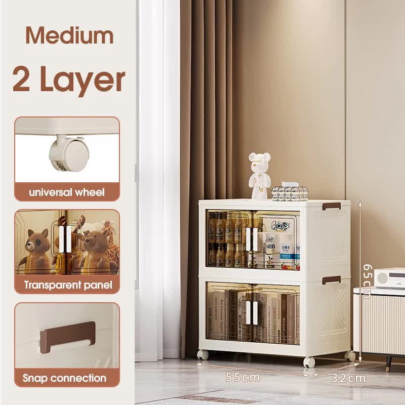 Two-layer stackable storage cabinet with transparent doors and wheeled base, white frame