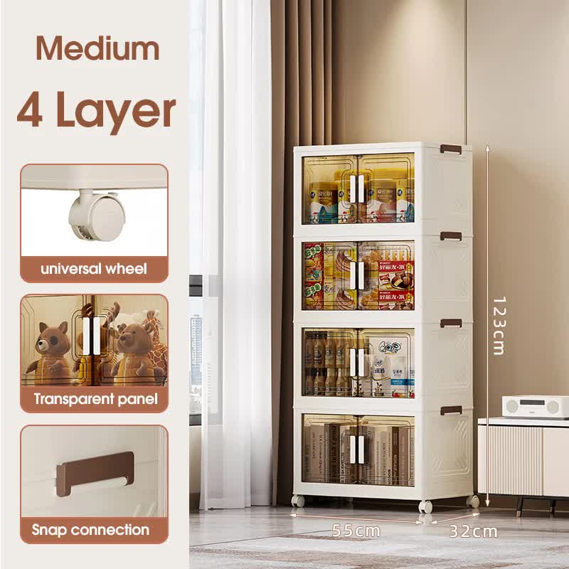 4-layer stackable storage cabinet with transparent doors and metal latches