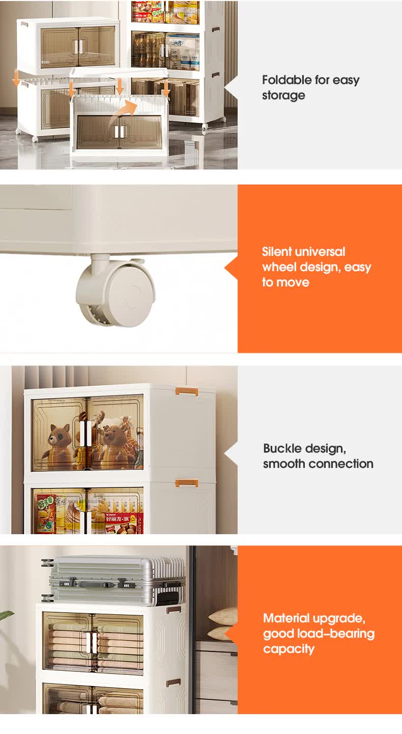 White 4-layer storage cabinet with transparent panels and rolling wheels