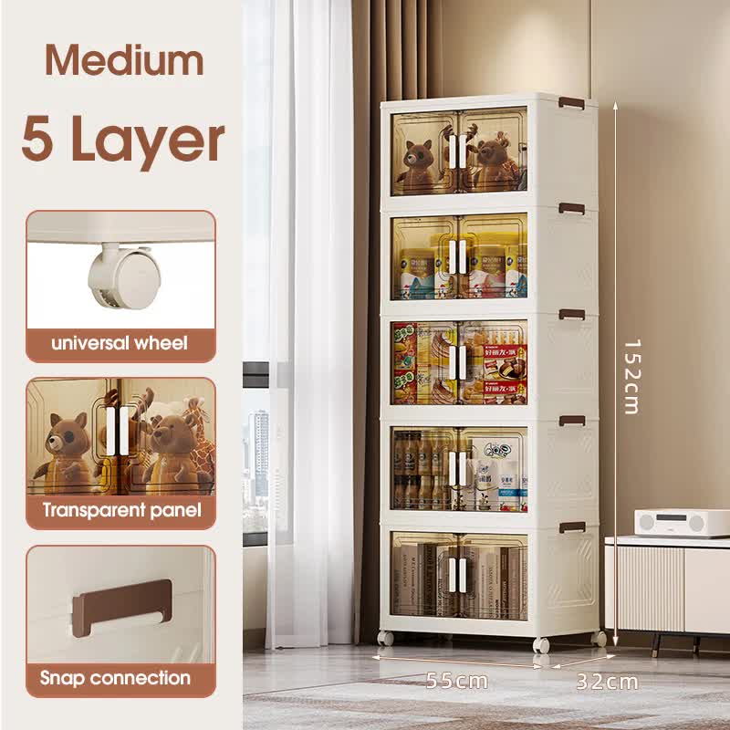 White 5-layer modular storage cabinet with transparent front doors and side latch handles
