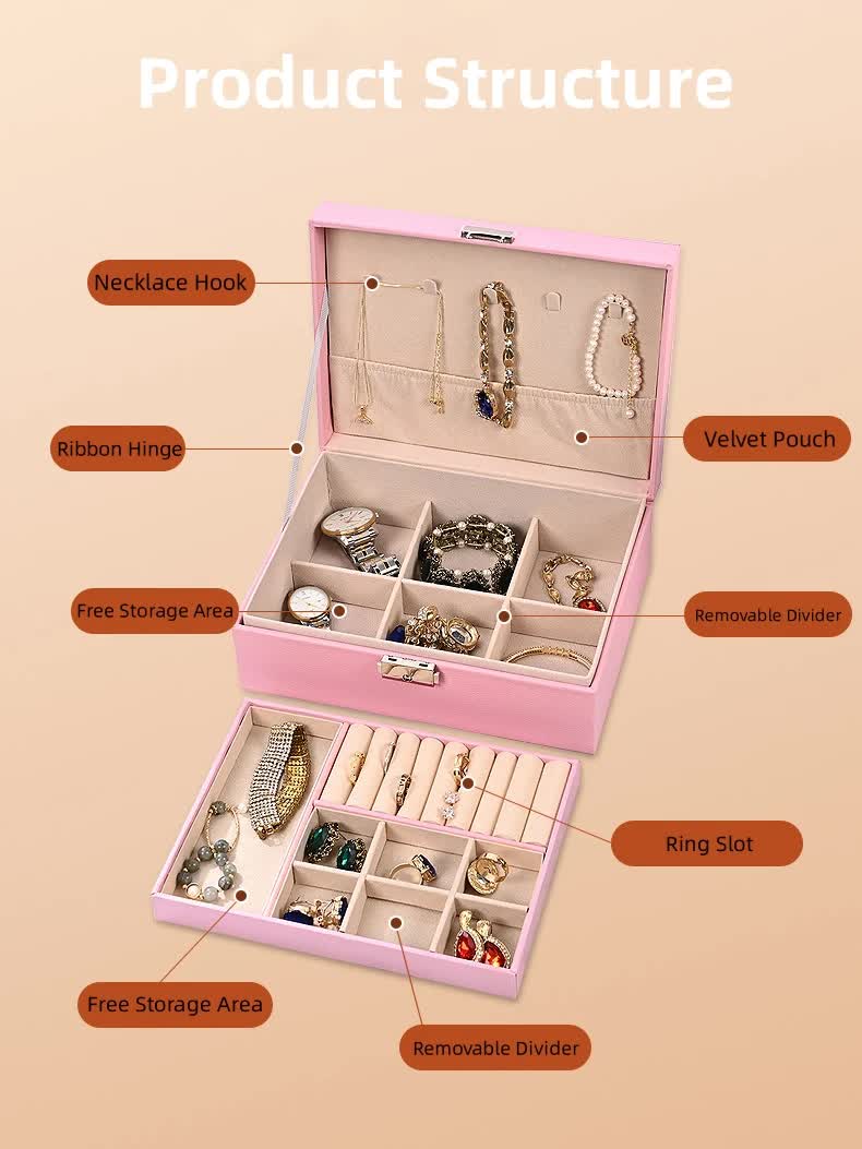 Pink velvet jewelry organizer box open, with divided compartments and ring slots