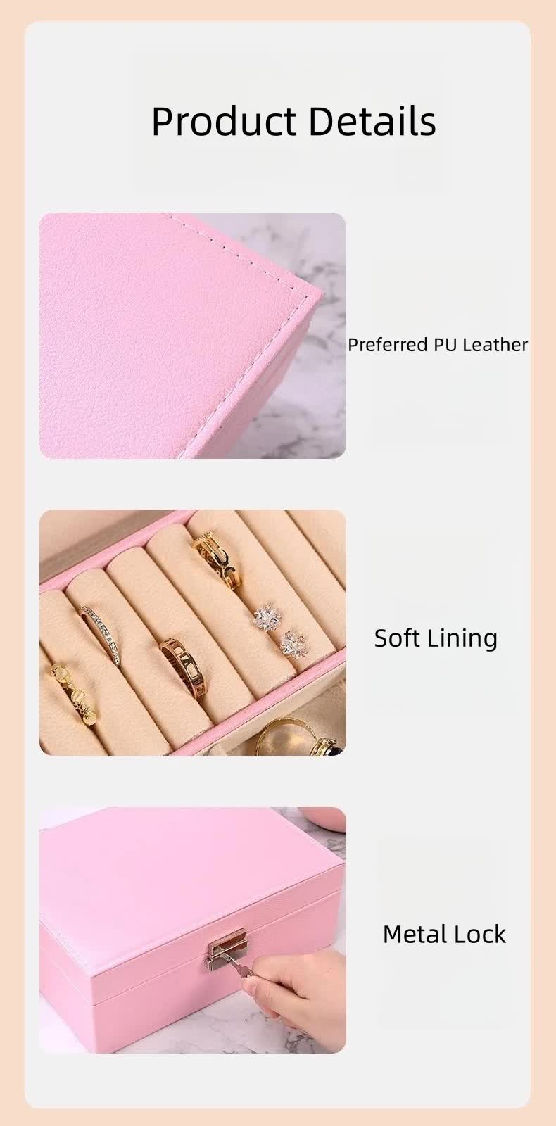 Pink jewelry organizer box details: soft lining, metal lock, and PU leather cover