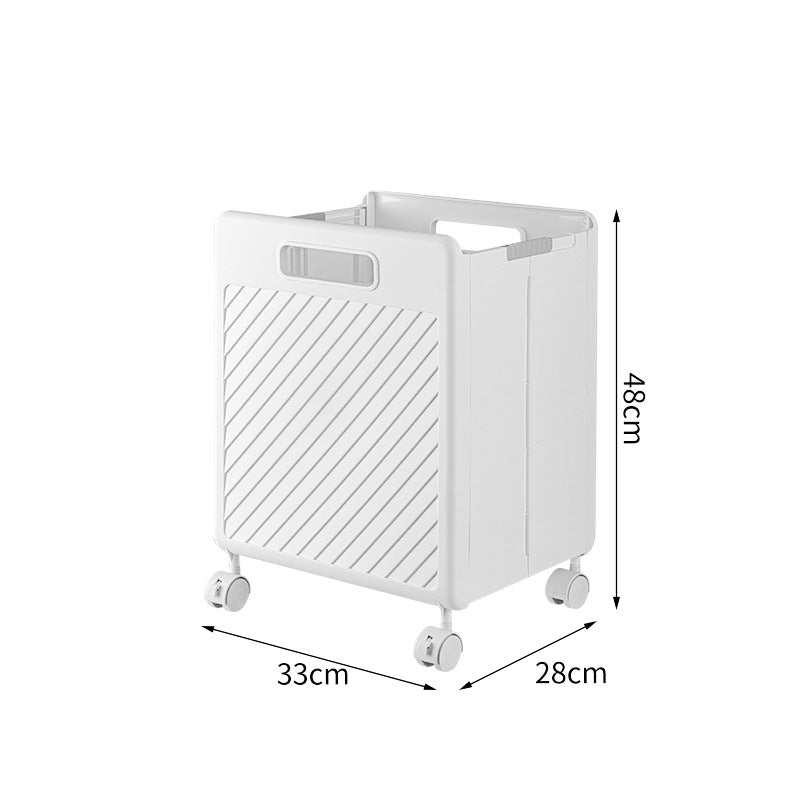 White foldable rolling laundry hamper with open front handle and four caster wheels