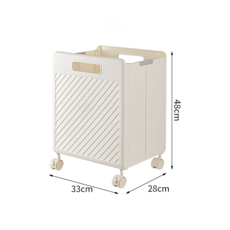 Cream foldable laundry hamper with side handle and four rolling wheels