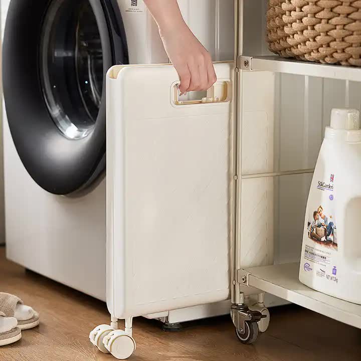 Cream foldable laundry hamper with open handle and wheeled base