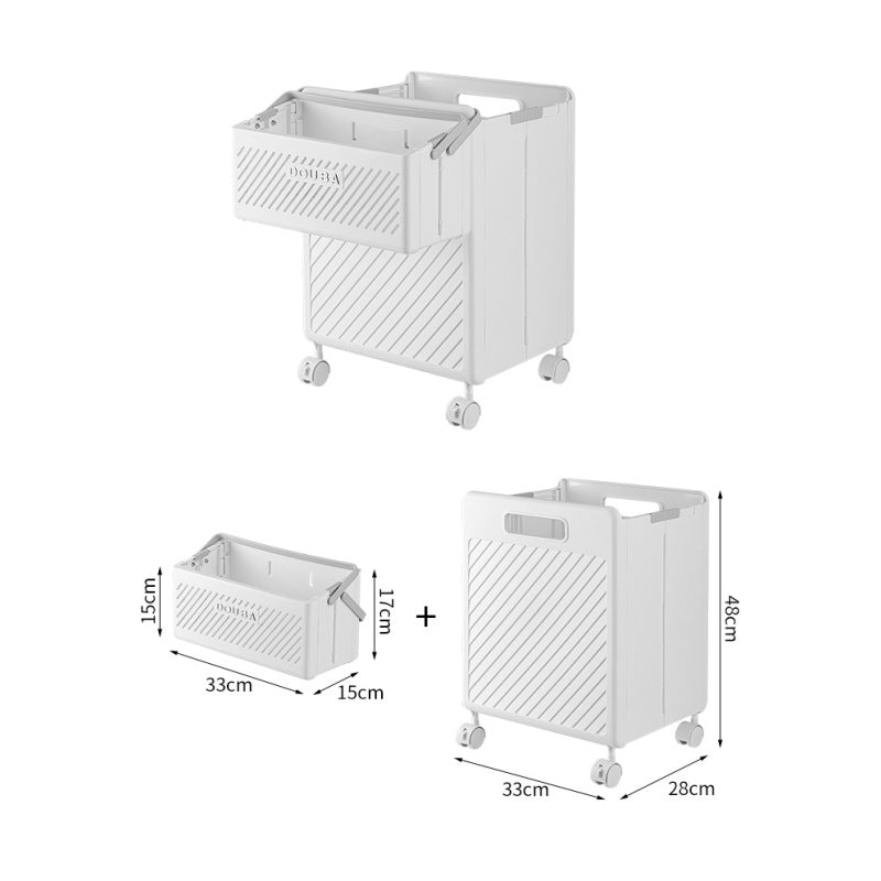 White foldable laundry hamper with wheels, lidded top and side handle