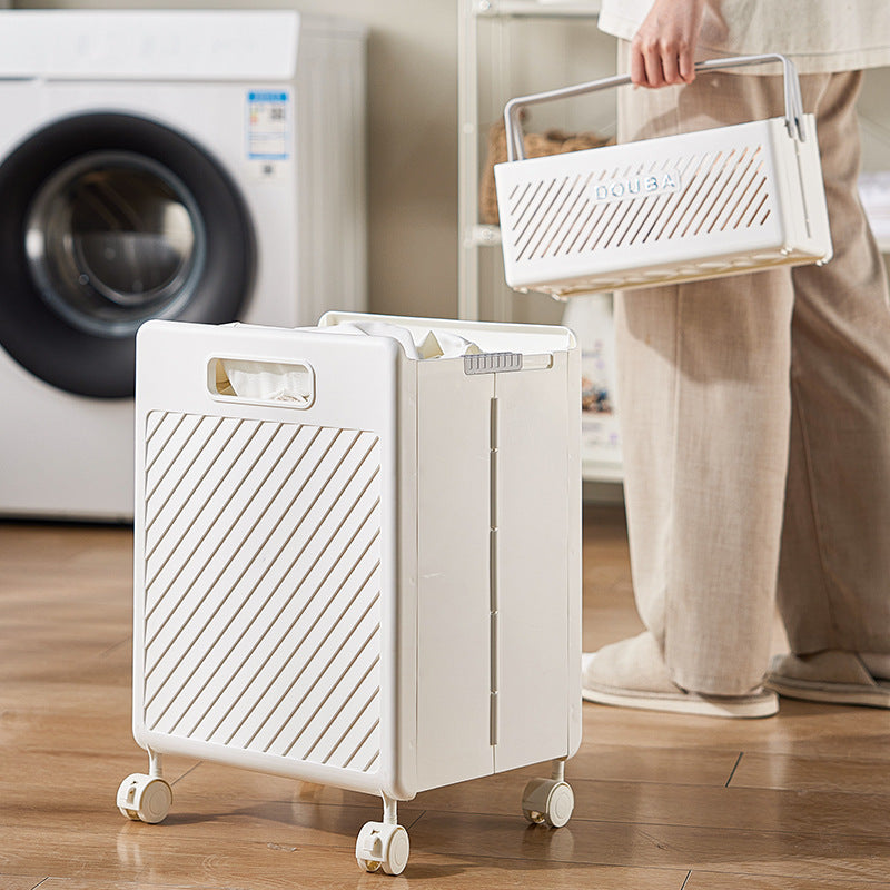 White rolling laundry basket on caster wheels with front carrying handle