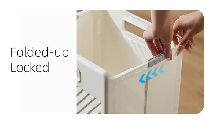 White foldable laundry hamper with locked folded-up top handle