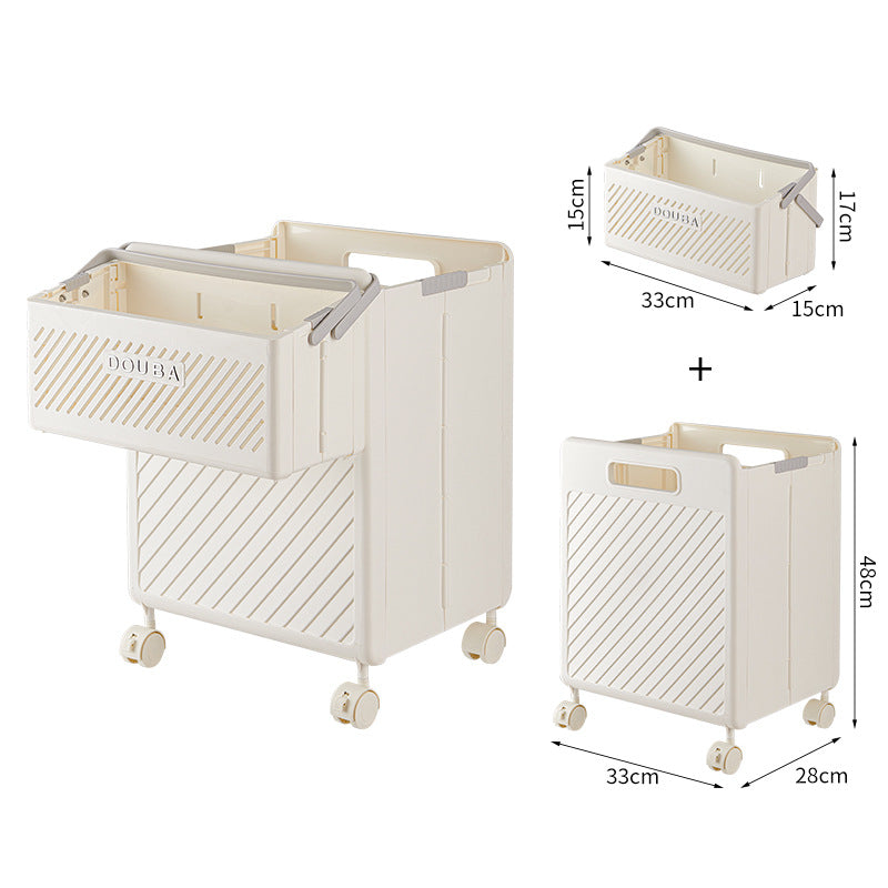 Cream foldable laundry basket with wheels, side carry handle, vented front panels