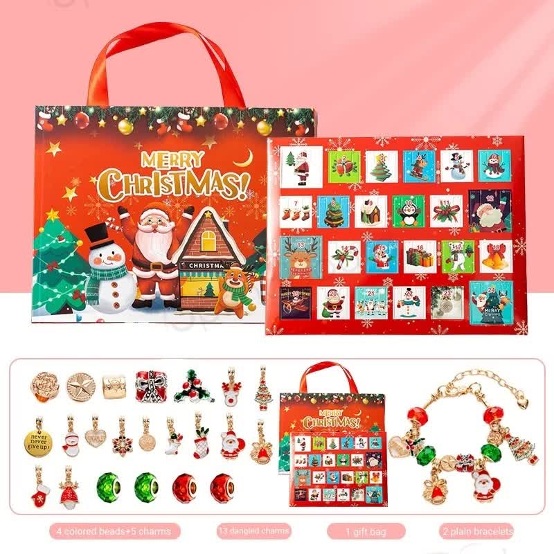 Christmas jewelry advent calendar with charm beads and bracelet in red gift bag
