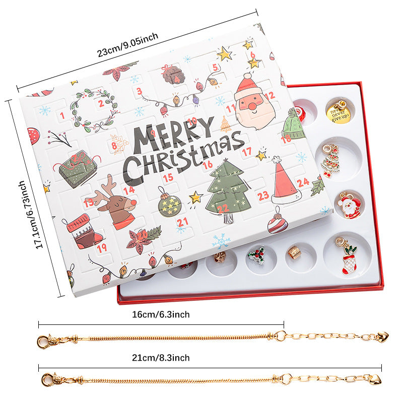 Christmas charm advent calendar box with numbered compartments and two gold-tone chains