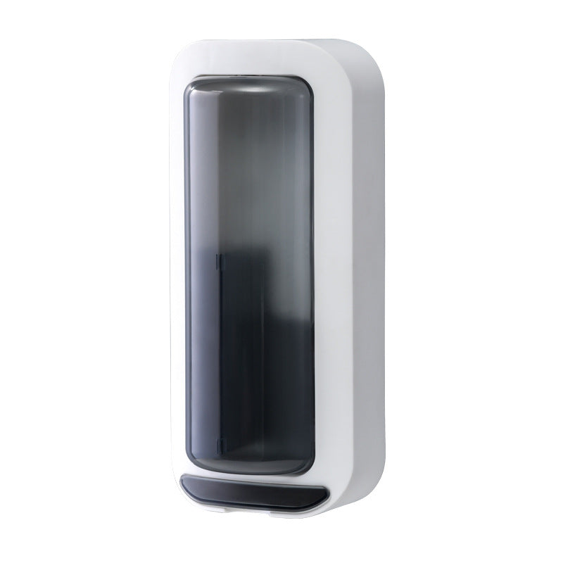 Grey wall-mounted utensil holder with transparent covered opening and dustproof lid