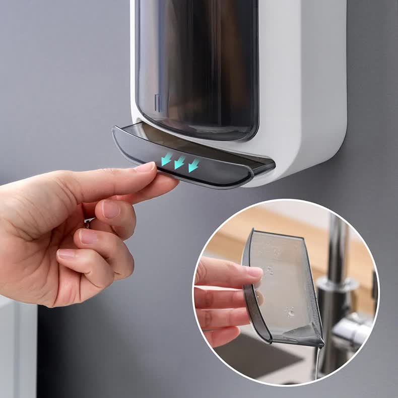 Wall-mounted utensil holder dustproof flap, hand lifting cover with airflow arrows visible.