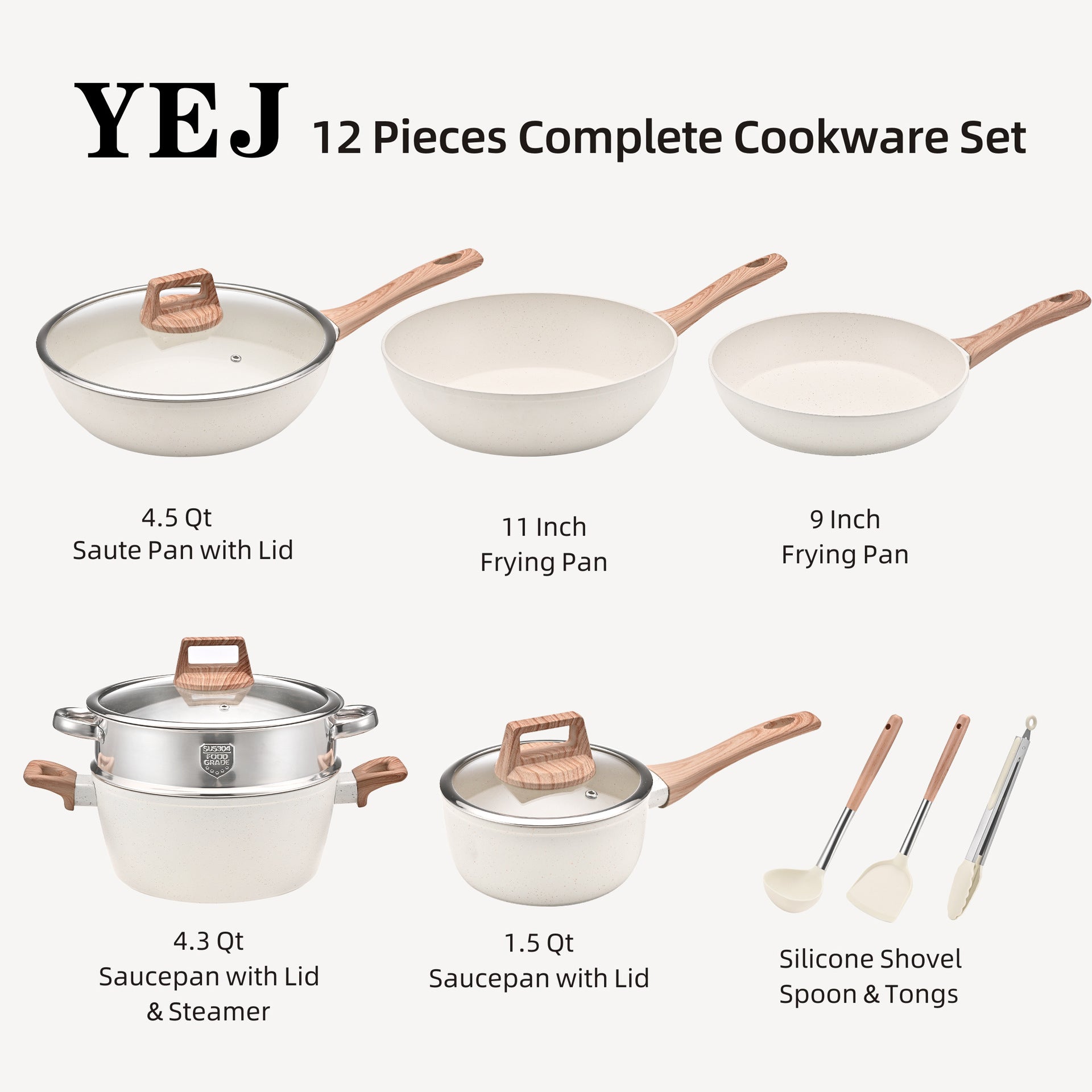 Nonstick cookware set with white pans, lids, wood-look handles, and copper knob
