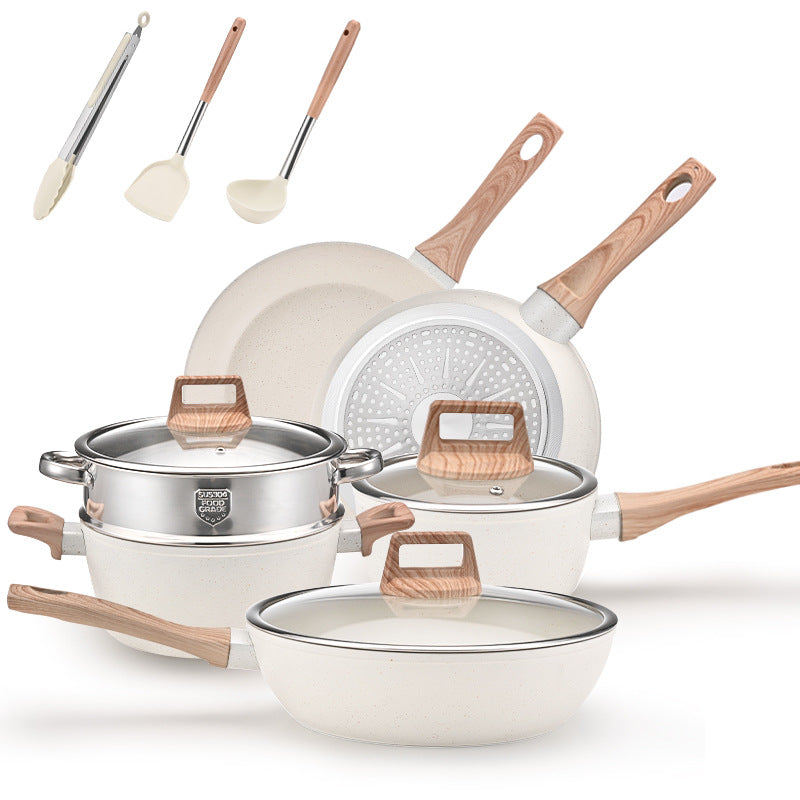 Nonstick cookware set with covered saucepans, frying pans, wood-look handles, copper lids