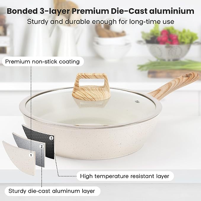 White covered nonstick pot with wood-look handle and glass lid, speckled surface