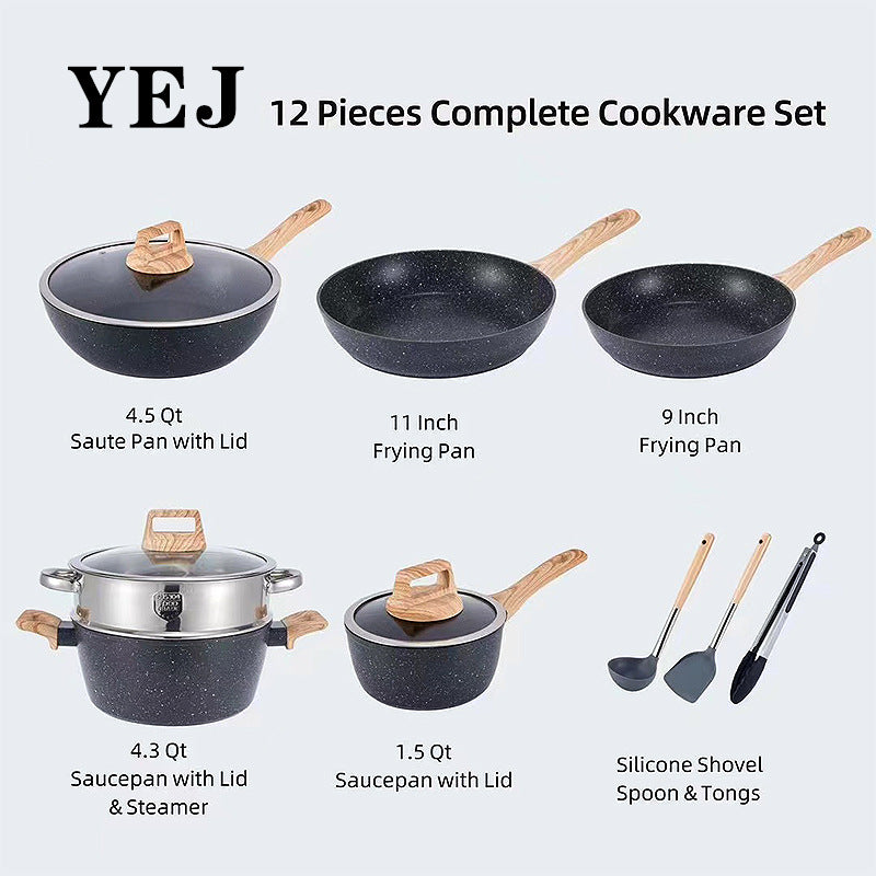 Black nonstick cookware set with speckled finish, wood-look handles, and matching lids