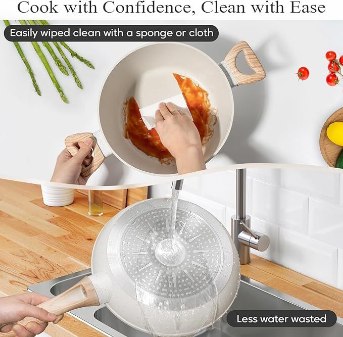 Wood-handled nonstick pan being cleaned under running water