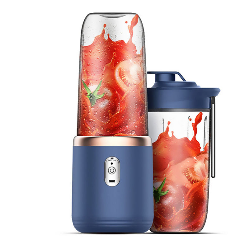 Portable blender base with blue body and clear bottle cup, USB rechargeable