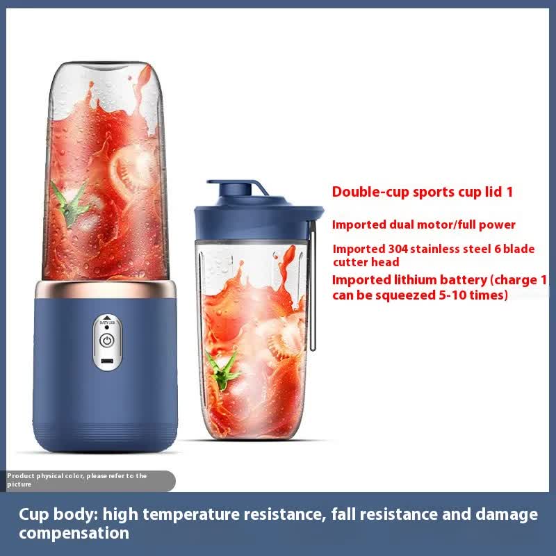 Portable blender with blue motor base and dual clear bottle and cup